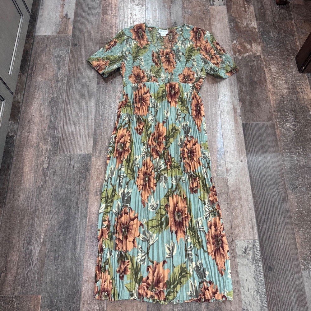 Vtg 80s 90s Jeffrey Dara Linda Hutley Floral Smocked Pleated Maxi Dress 7/8 Sage